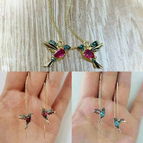 New NWT Pink Red & Green Gold Hummingbird Dangle Drop Chain Pierced Earrings - Picture 3 of 3